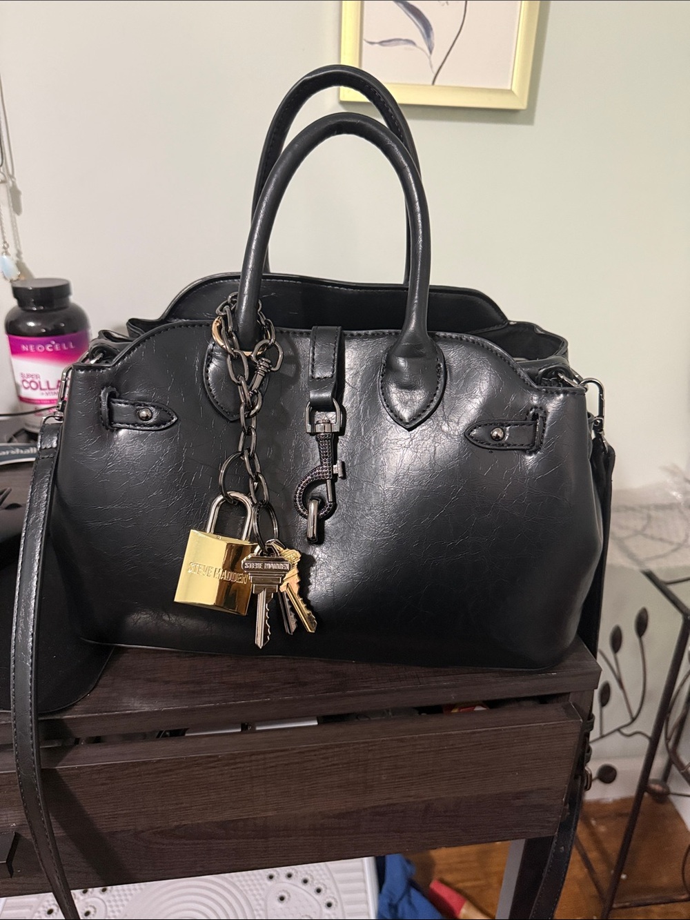 Steve Madden Black Satchel with Gold Padlock Charm